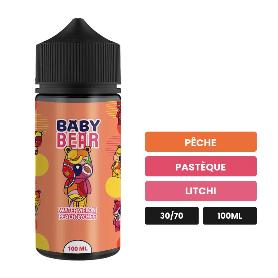 E-liquide Watermelon Peach Lychee de Biggy Bear, 100 ml, saveurs pêche, pastèque et litchi, sans nicotine — prêt à booster.
