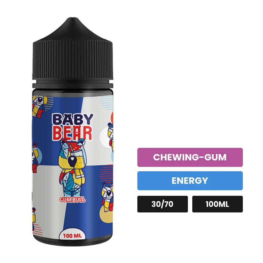 E-liquide Gum Bull de Biggy Bear, 100 ml, saveurs chewing-gum et energy, sans nicotine — prêt à booster de nicotine.