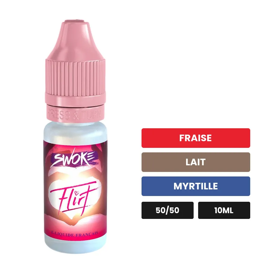 E-liquide Flirt de Swoke, 10 ml, saveurs fraise, lait et myrtille.