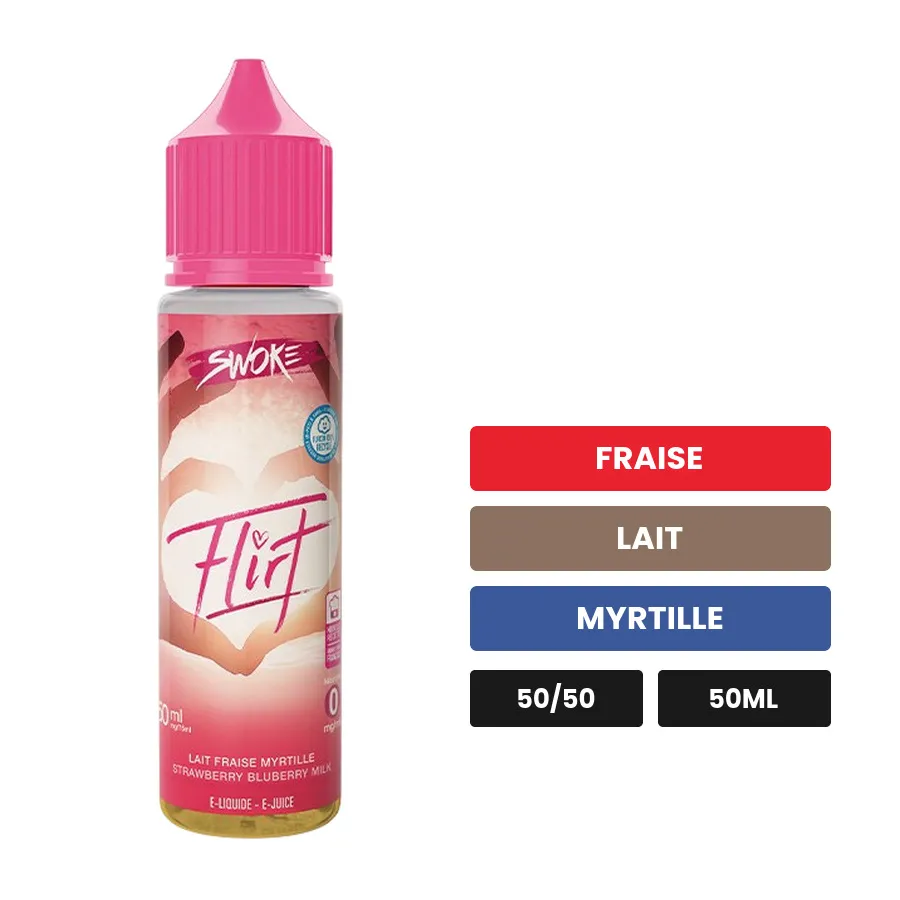 E-liquide Flirt de Swoke, 50 ml, saveurs fraise, lait et myrtille, sans nicotine — prêt à booster de nicotine.