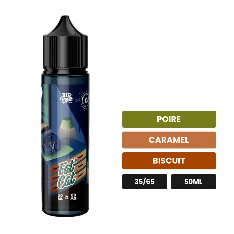 E-liquide Fat' Cat de Big Papa, 50 ml, saveurs poire, caramel et biscuit.