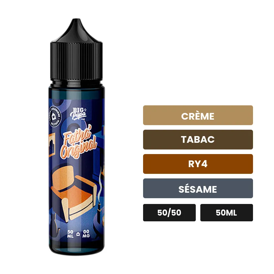 E-liquide Fatha' Original de Big Papa, 50 ml, saveurs crème, tabac, ry4 et 1 autre.