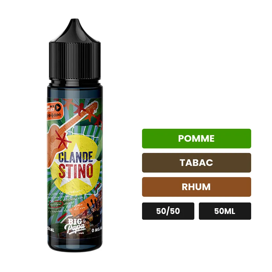 E-liquide Le Clandestino de Big Papa, 50 ml, saveurs pomme, tabac et rhum.