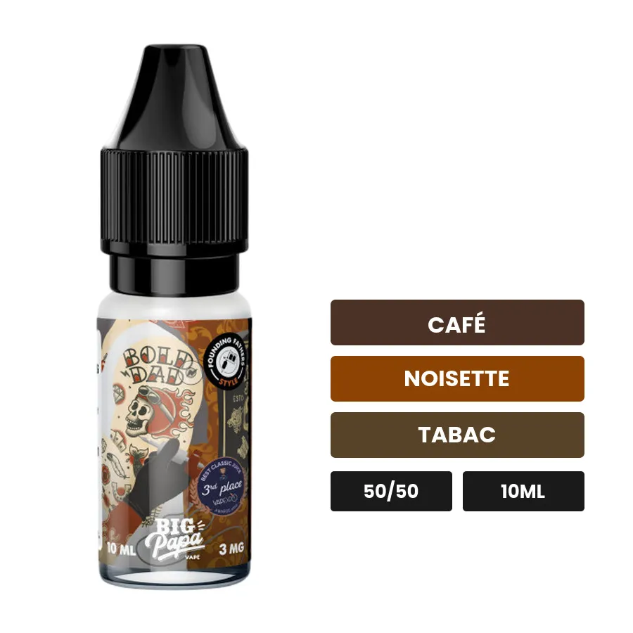 E-liquide Bold Dad de Big Papa, 10 ml, saveurs café, noisette et tabac.