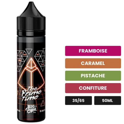 E-liquide The Prime Time de Big Papa, 50 ml, saveurs framboise, caramel, pistache et 1 autre.