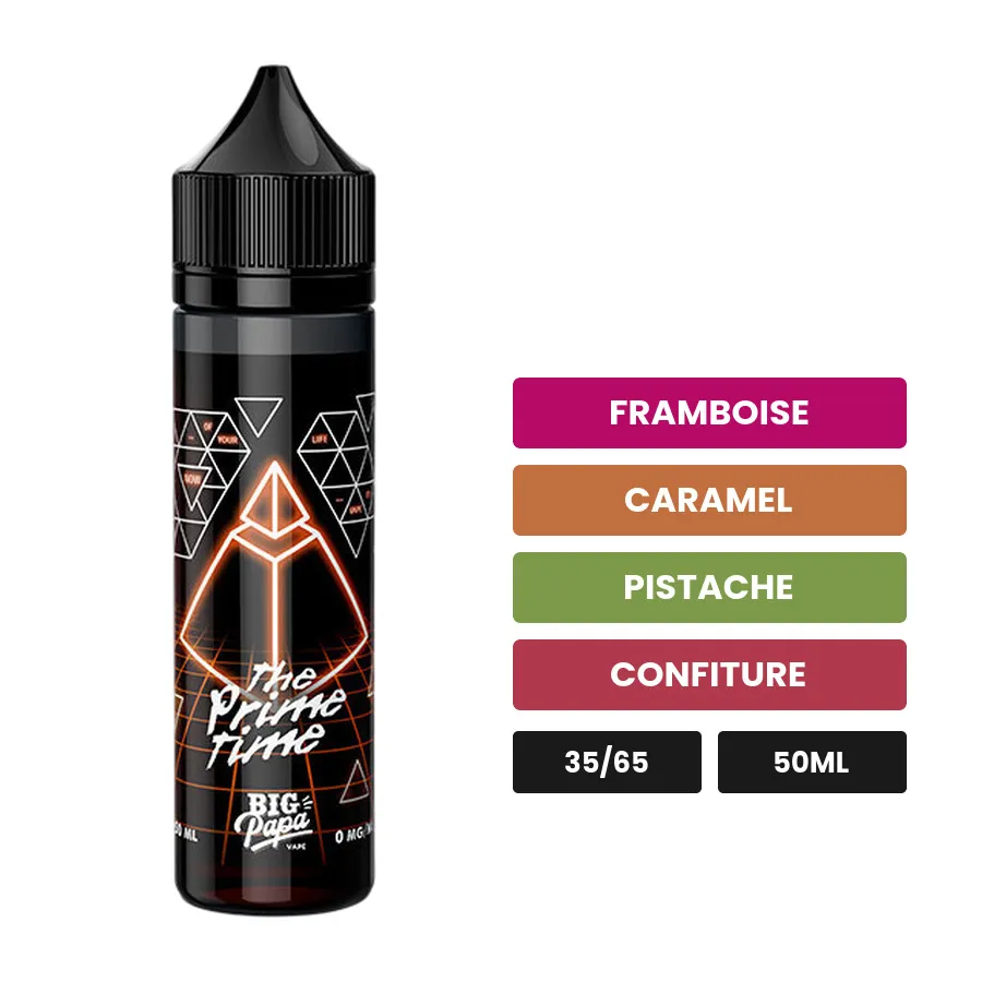 E-liquide The Prime Time de Big Papa, 50 ml, saveurs framboise, caramel, pistache et 1 autre.