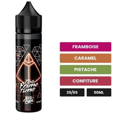E-liquide The Prime Time de Big Papa, 50 ml, saveurs framboise, caramel, pistache et 1 autre.