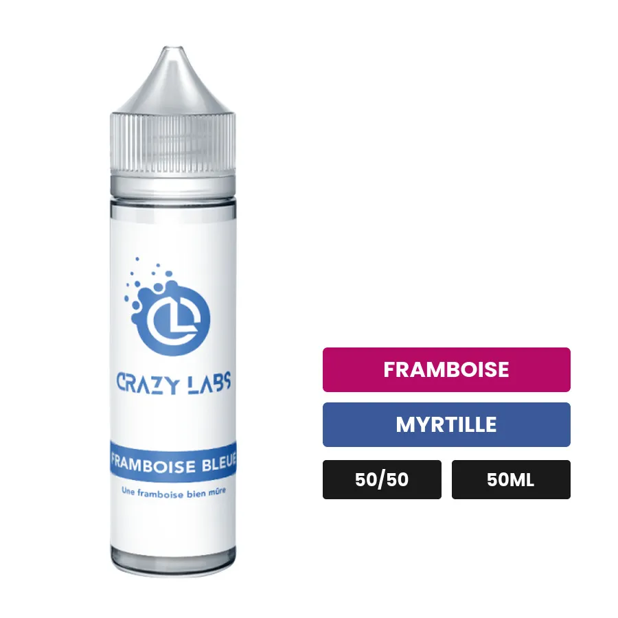 E-liquide Framboise Bleue de Crazy Labs, 50 ml, saveurs framboise et myrtille, sans nicotine — prêt à booster de nicotine.