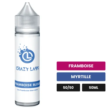 E-liquide Framboise Bleue de Crazy Labs, 50 ml, saveurs framboise et myrtille, sans nicotine — prêt à booster de nicotine.