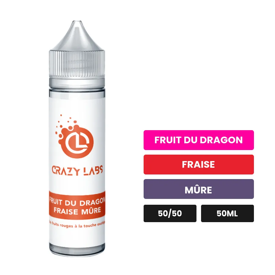 E-liquide Fruit du Dragon Fraise Mûre de Crazy Labs, 50 ml, saveurs fruit du dragon, fraise et mûre, sans nicotine — prêt à.