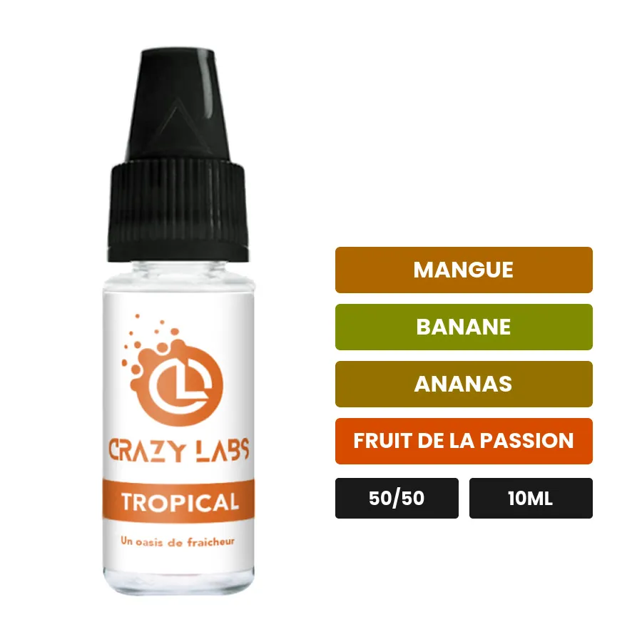 E-liquide Tropical de Crazy Labs, 10 ml, saveurs mangue, banane, ananas et 2 autres, sans nicotine de nicotine.