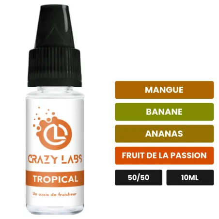 E-liquide Tropical de Crazy Labs, 10 ml, saveurs mangue, banane, ananas et 2 autres, sans nicotine de nicotine.
