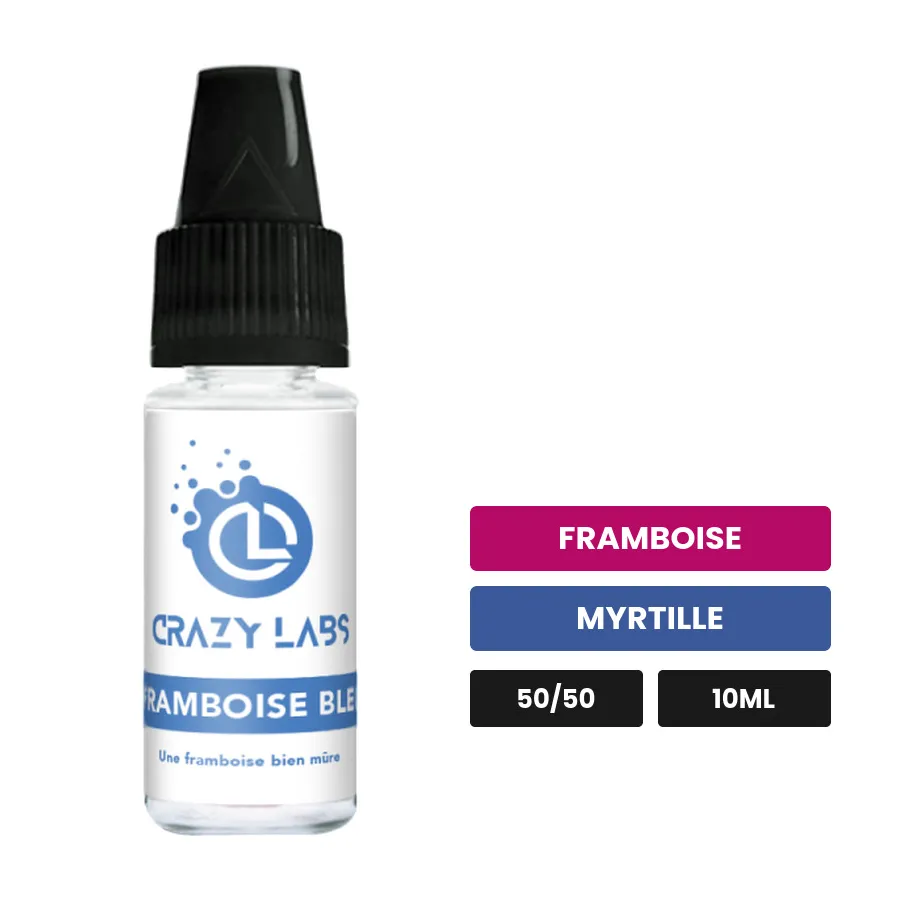 E-liquide Framboise Bleue de Crazy Labs, 10 ml, saveurs framboise et myrtille, sans nicotine de nicotine.