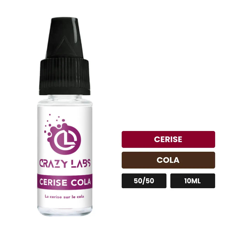 E-liquide Cerise Cola de Crazy Labs, 10 ml, saveurs cerise et cola, sans nicotine de nicotine.