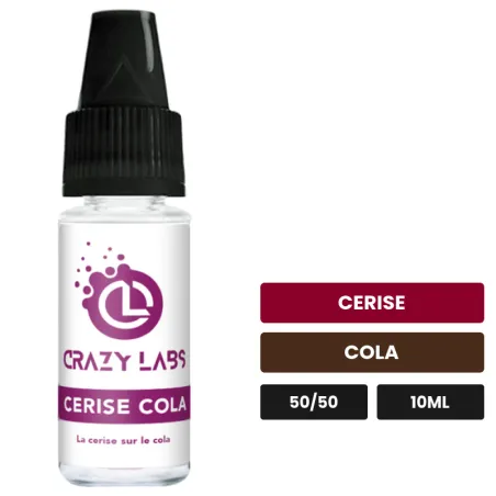 E-liquide Cerise Cola de Crazy Labs, 10 ml, saveurs cerise et cola, sans nicotine de nicotine.