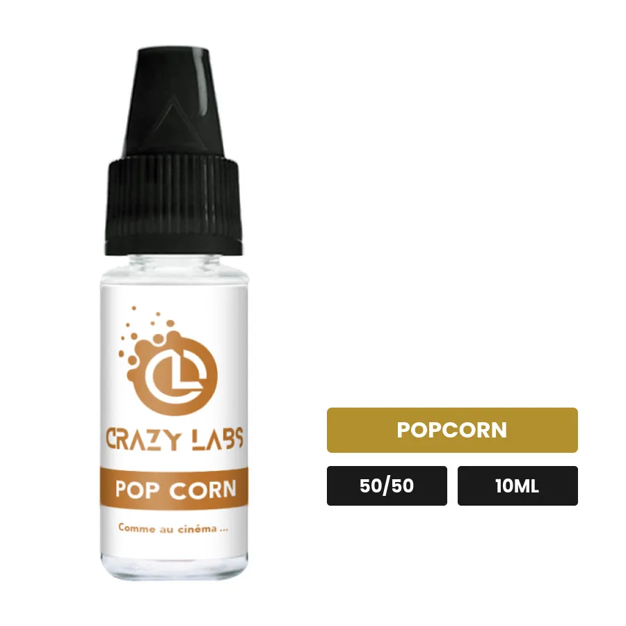 E-liquide Pop Corn de Crazy Labs, 10 ml, saveur popcorn, sans nicotine de nicotine.