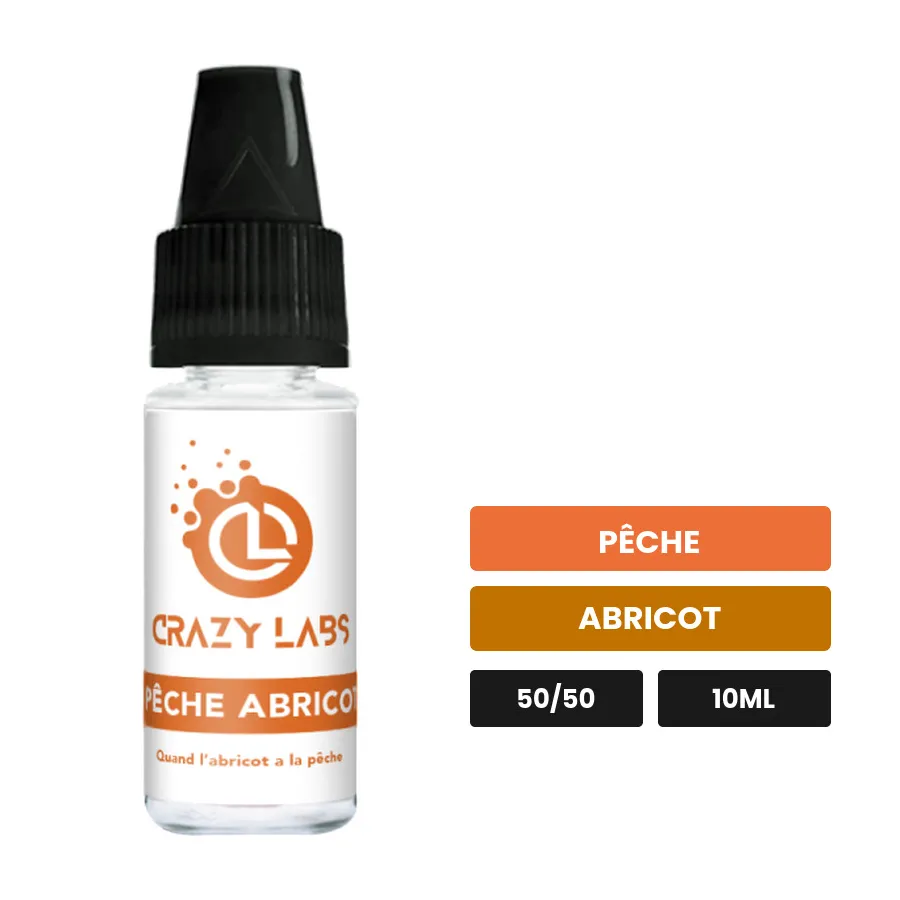 E-liquide Pêche Abricot de Crazy Labs, 10 ml, saveurs pêche et abricot, sans nicotine de nicotine.