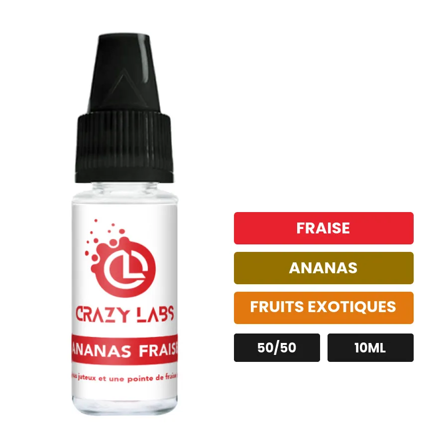 E-liquide Ananas Fraise de Crazy Labs, 10 ml, saveurs fraise, ananas et fruits exotiques, sans nicotine de nicotine.