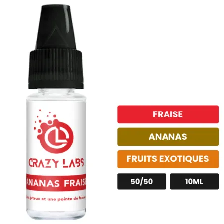 E-liquide Ananas Fraise de Crazy Labs, 10 ml, saveurs fraise, ananas et fruits exotiques, sans nicotine de nicotine.