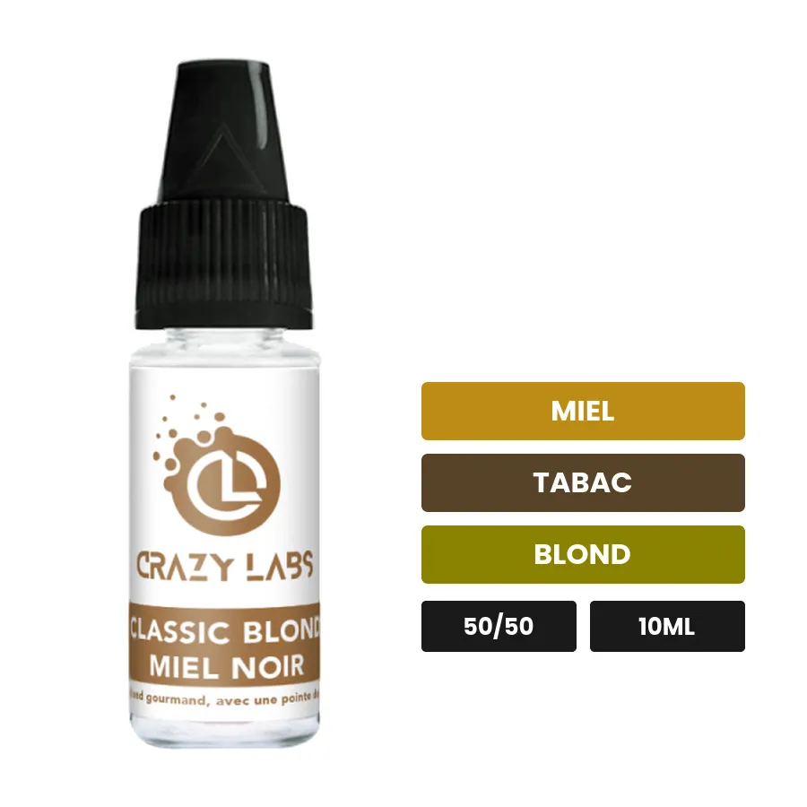 E-liquide Classic Blond Miel Noir de Crazy Labs, 10 ml, saveurs miel, tabac et blond, sans nicotine de nicotine.