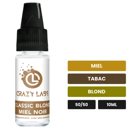 E-liquide Classic Blond Miel Noir de Crazy Labs, 10 ml, saveurs miel, tabac et blond, sans nicotine de nicotine.