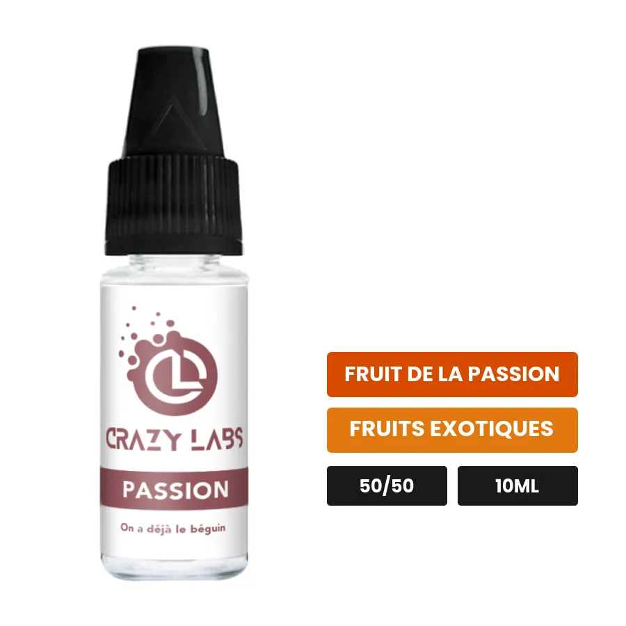 E-liquide Passion de Crazy Labs, 10 ml, saveurs fruit de la passion et fruits exotiques, sans nicotine de nicotine.