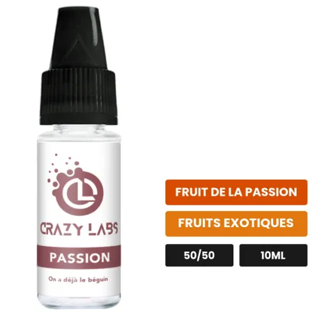 E-liquide Passion de Crazy Labs, 10 ml, saveurs fruit de la passion et fruits exotiques, sans nicotine de nicotine.