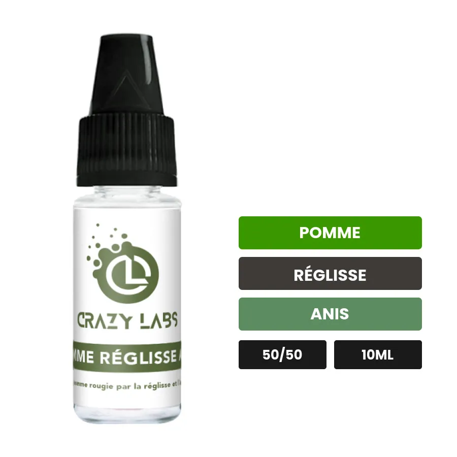 E-liquide Pomme Réglisse Anis de Crazy Labs, 10 ml, saveurs pomme, réglisse et anis, sans nicotine de nicotine.