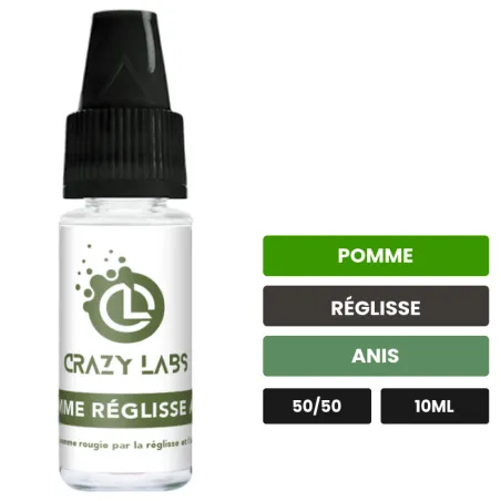 E-liquide Pomme Réglisse Anis de Crazy Labs, 10 ml, saveurs pomme, réglisse et anis, sans nicotine de nicotine.