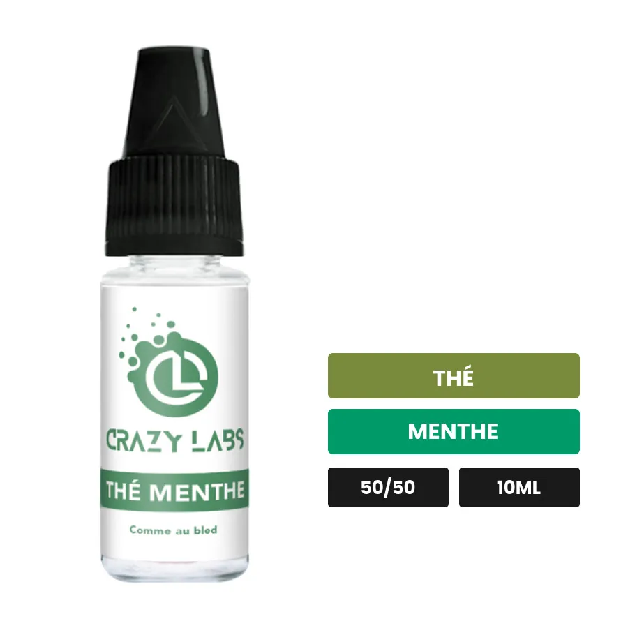E-liquide Thé Menthe de Crazy Labs, 10 ml, saveurs thé et menthe, sans nicotine de nicotine.