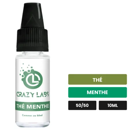 E-liquide Thé Menthe de Crazy Labs, 10 ml, saveurs thé et menthe, sans nicotine de nicotine.