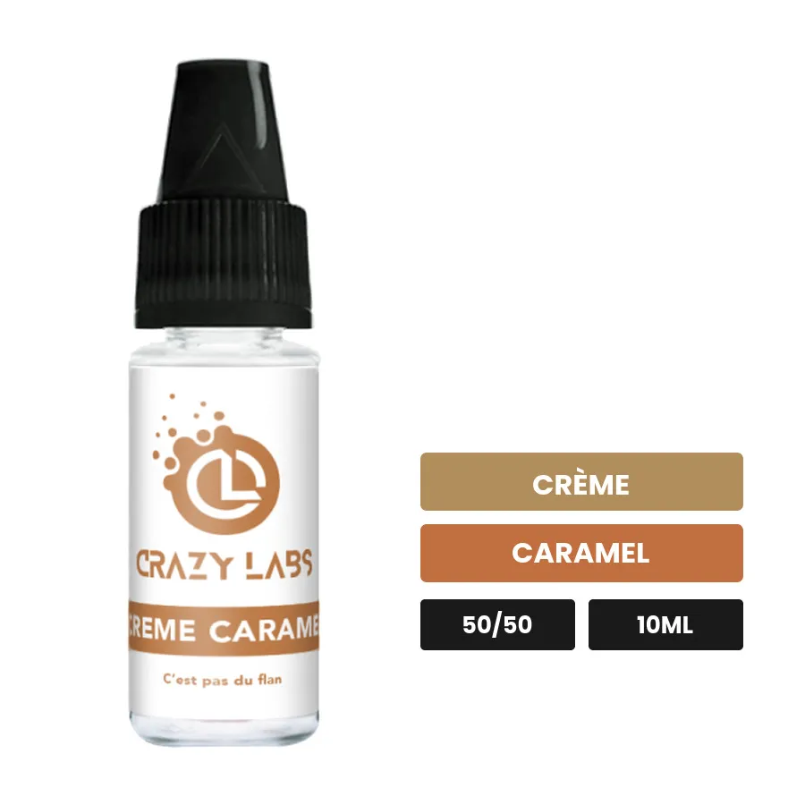 E-liquide Crème Caramel de Crazy Labs, 10 ml, saveurs crème et caramel, sans nicotine de nicotine.