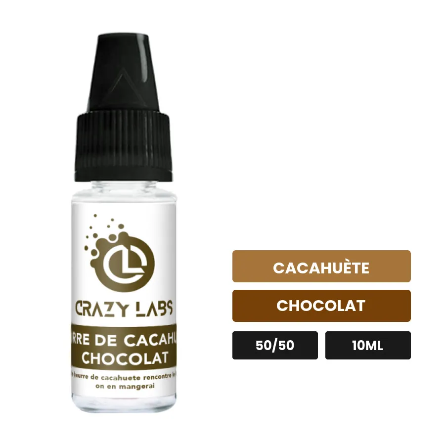 E-liquide Beurre de Cacahuète Chocolat de Crazy Labs, 10 ml, saveurs cacahuète et chocolat, sans nicotine de nicotine.