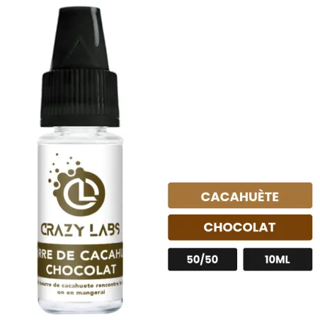E-liquide Beurre de Cacahuète Chocolat de Crazy Labs, 10 ml, saveurs cacahuète et chocolat, sans nicotine de nicotine.