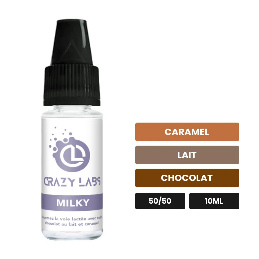 E-liquide Milky de Crazy Labs, 10 ml, saveurs caramel, lait et chocolat, sans nicotine de nicotine.