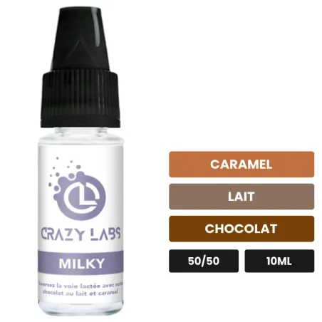 E-liquide Milky de Crazy Labs, 10 ml, saveurs caramel, lait et chocolat, sans nicotine de nicotine.