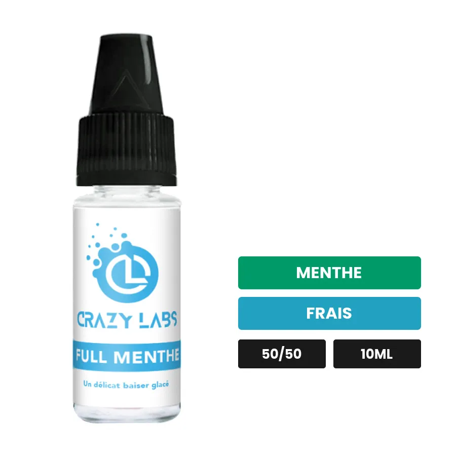 E-liquide Full Menthe de Crazy Labs, 10 ml, saveurs menthe et frais, sans nicotine de nicotine.