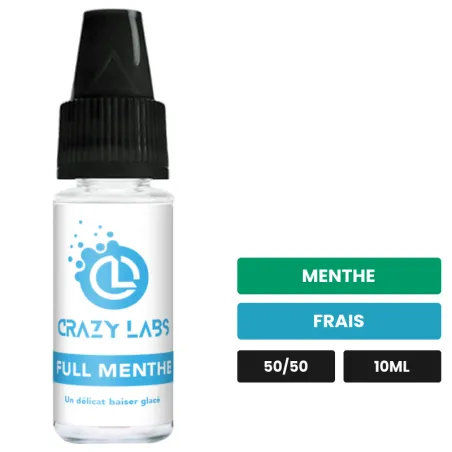 E-liquide Full Menthe de Crazy Labs, 10 ml, saveurs menthe et frais, sans nicotine de nicotine.