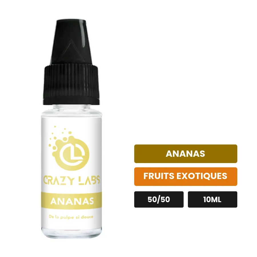 E-liquide Ananas de Crazy Labs, 10 ml, saveurs ananas et fruits exotiques, sans nicotine de nicotine.