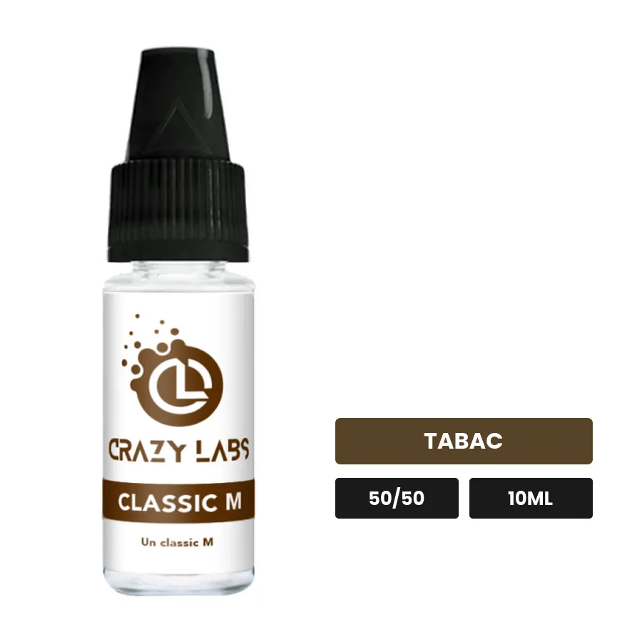 E-liquide Classic M de Crazy Labs, 10 ml, saveur tabac, sans nicotine de nicotine.