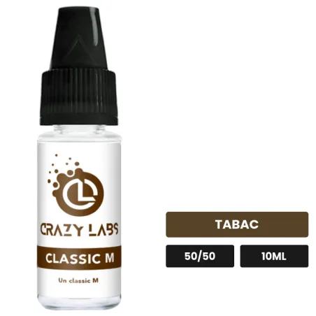 E-liquide Classic M de Crazy Labs, 10 ml, saveur tabac, sans nicotine de nicotine.