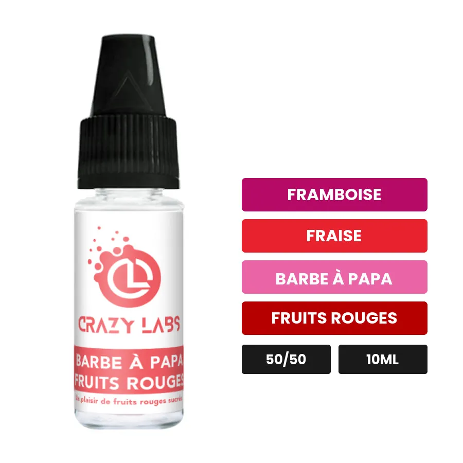 E-liquide Barbe à Papa Fruits Rouges de Crazy Labs, 10 ml, saveurs framboise, fraise, barbe à papa et 1 autre, sans nicotine.