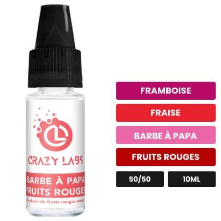 E-liquide Barbe à Papa Fruits Rouges de Crazy Labs, 10 ml, saveurs framboise, fraise, barbe à papa et 1 autre, sans nicotine.
