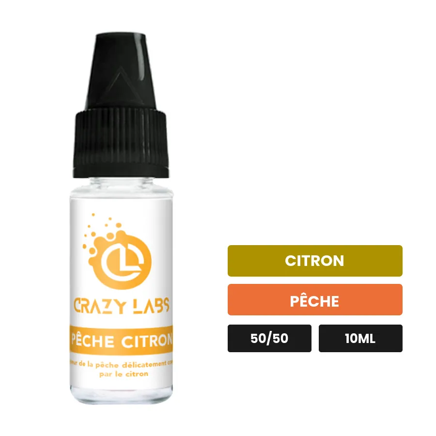 E-liquide Pêche Citron de Crazy Labs, 10 ml, saveurs citron et pêche, sans nicotine de nicotine.