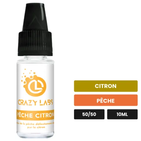 E-liquide Pêche Citron de Crazy Labs, 10 ml, saveurs citron et pêche, sans nicotine de nicotine.