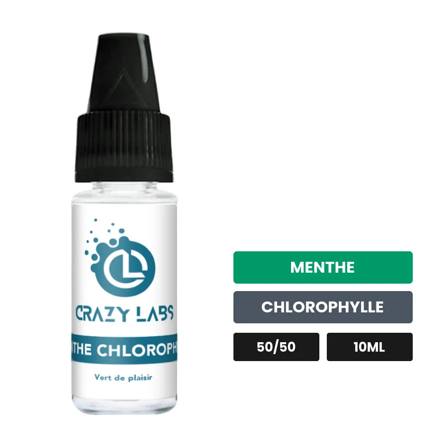 E-liquide Menthe Chlorophylle de Crazy Labs, 10 ml, saveurs menthe et chlorophylle, sans nicotine de nicotine.