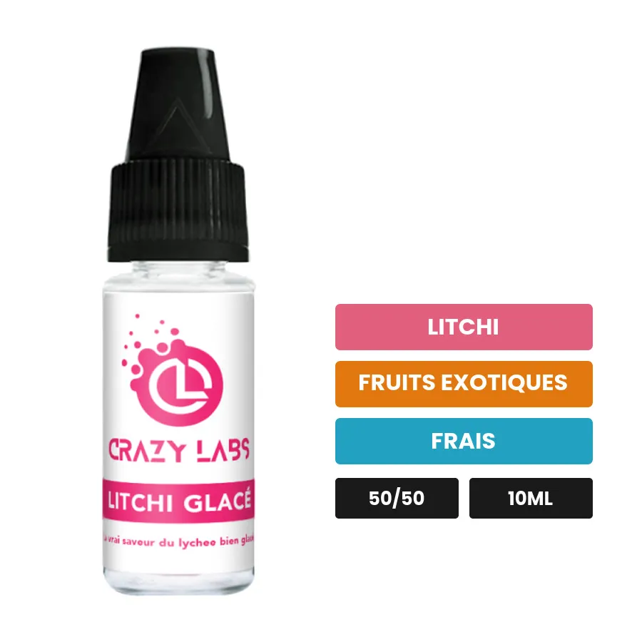 E-liquide Litchi Glacé de Crazy Labs, 10 ml, saveurs litchi, fruits exotiques et frais, sans nicotine de nicotine.
