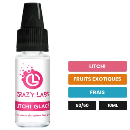 E-liquide Litchi Glacé de Crazy Labs, 10 ml, saveurs litchi, fruits exotiques et frais, sans nicotine de nicotine.