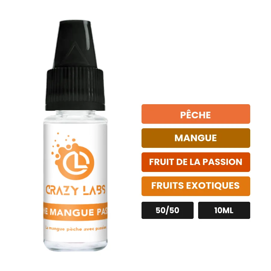 E-liquide Pêche Mangue Passion de Crazy Labs, 10 ml, saveurs pêche, mangue, fruit de la passion et 1 autre, sans nicotine de.