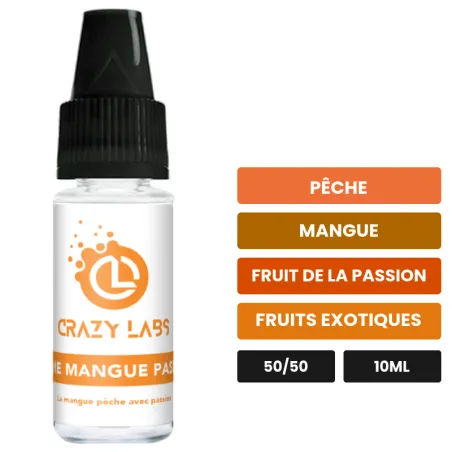 E-liquide Pêche Mangue Passion de Crazy Labs, 10 ml, saveurs pêche, mangue, fruit de la passion et 1 autre, sans nicotine de.